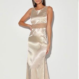 Champagne Satin Embroidered Mermaid Maxi Dress